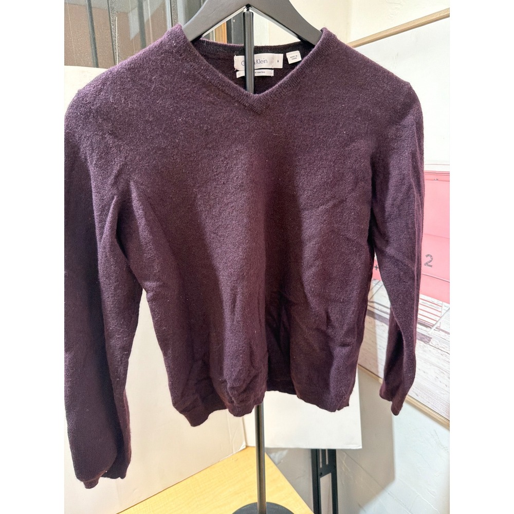 Calvin Klein‎ Mens Extra Fine Merino Wool V-Neck Sweater Plum Purple Size M